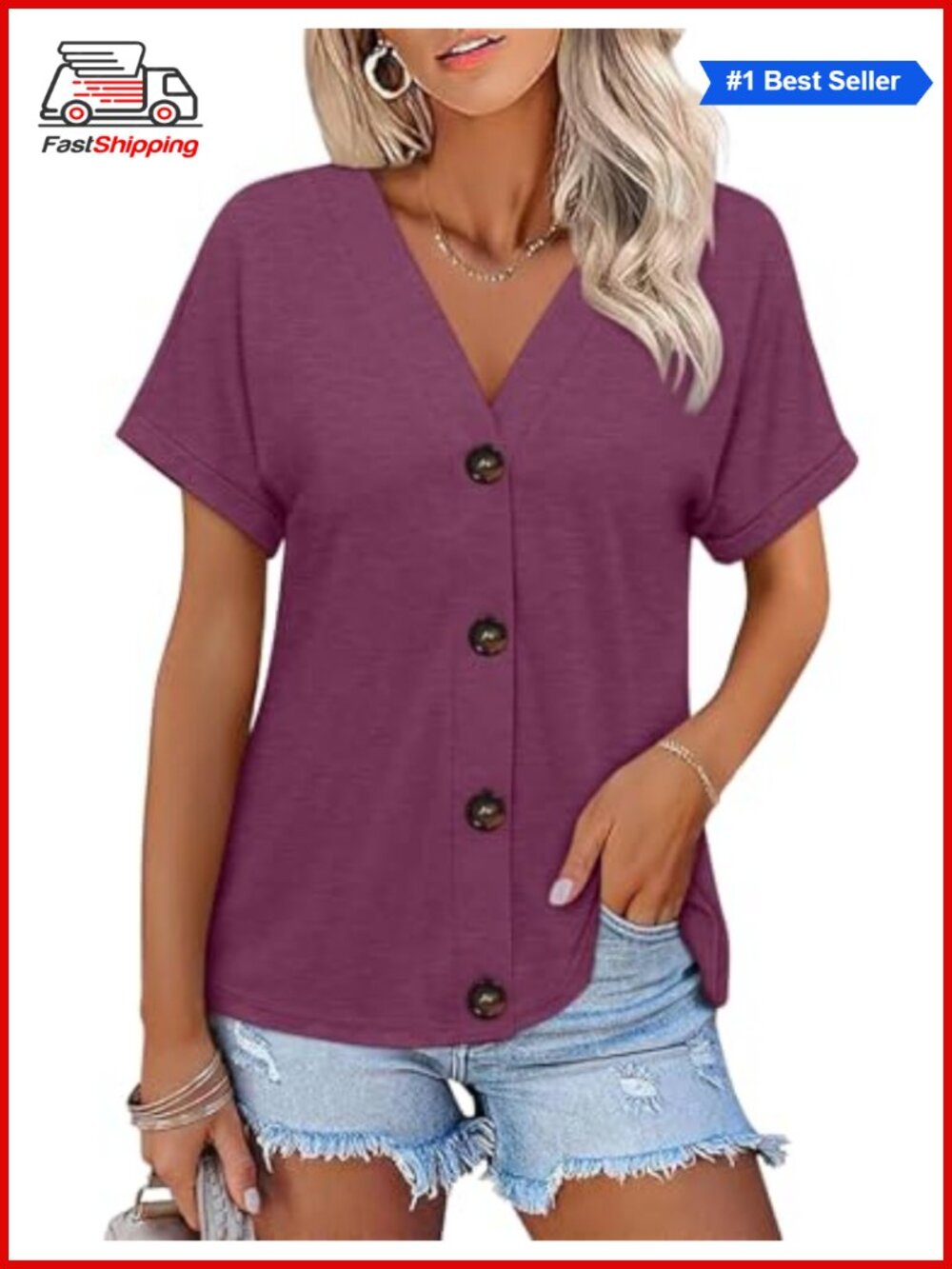 Womens Summer Tops Short Sleeve Button Down V Neck T Shirt Loose Fit Casual
